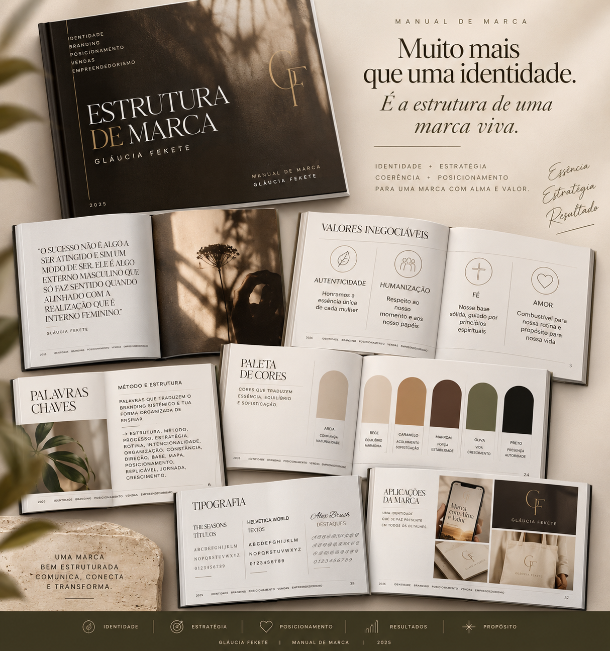 Mockup do Manual de Marca impresso, com páginas de valores, paleta de cores e tipografia