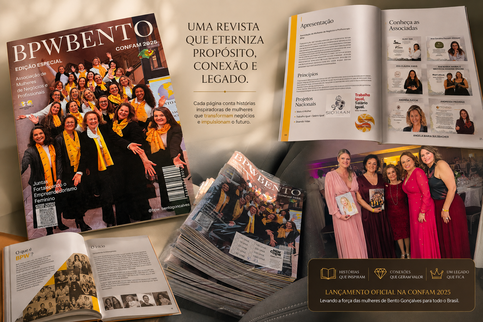 Montagem editorial da revista BPWBENTO CONFAM 2025: capa, páginas internas, pilha de exemplares e mulheres no lançamento oficial