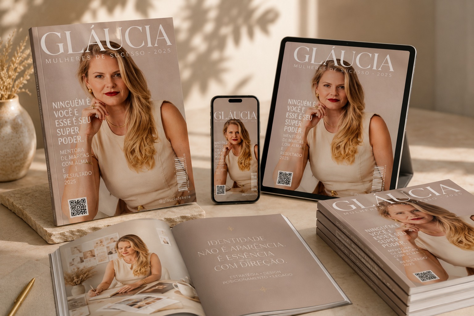 Revista de Marca em todos os formatos: exemplar impresso, versão no celular, no tablet e pilha de revistas com páginas internas abertas