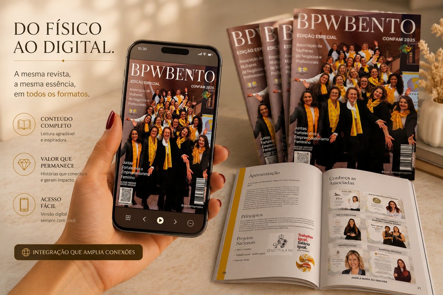 Do físico ao digital: a revista aberta no celular na mão, ao lado dos exemplares impressos e das páginas internas