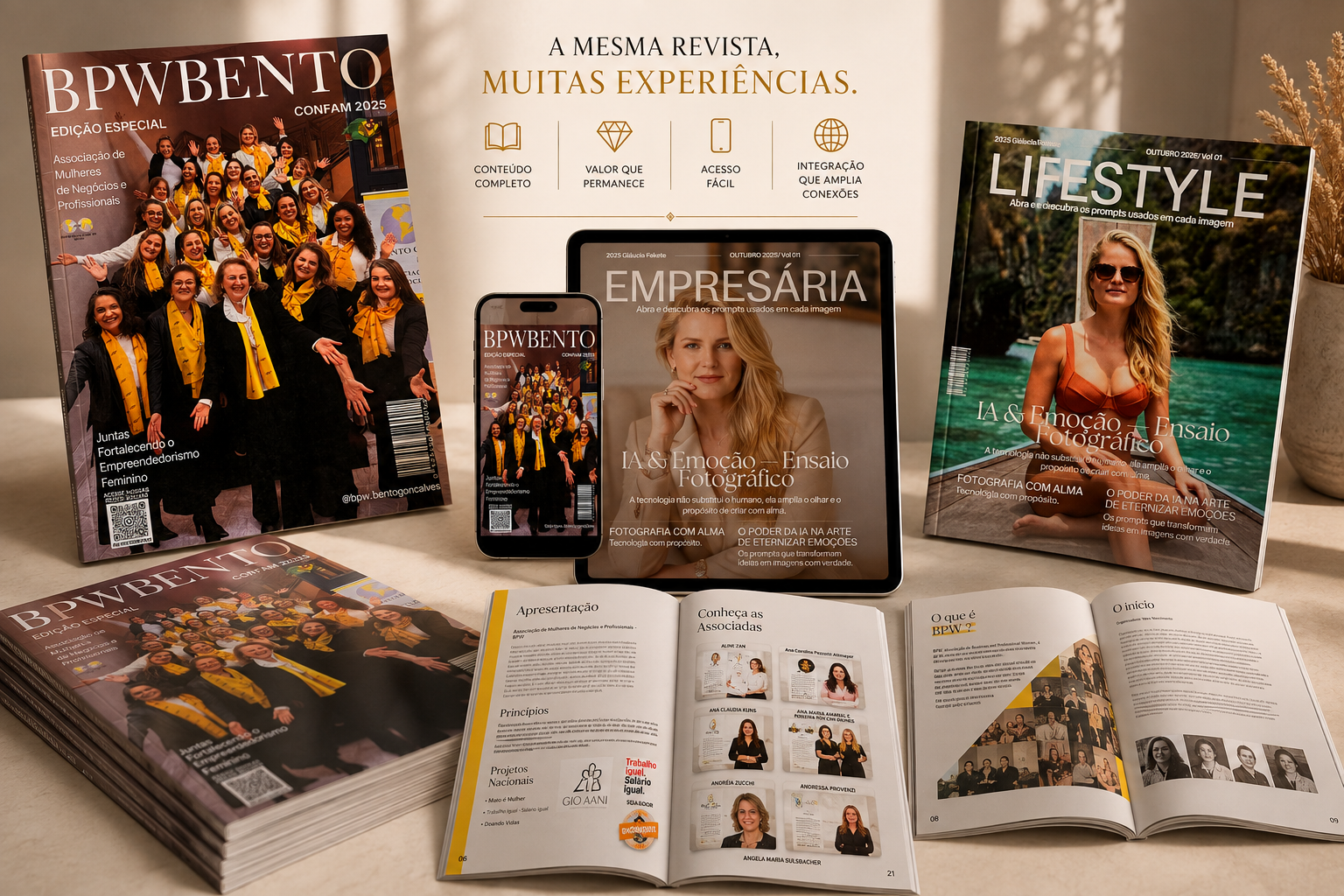 A mesma revista em muitas experiências: exemplares impressos BPWBENTO e LIFESTYLE, versão no tablet e no celular e páginas internas abertas